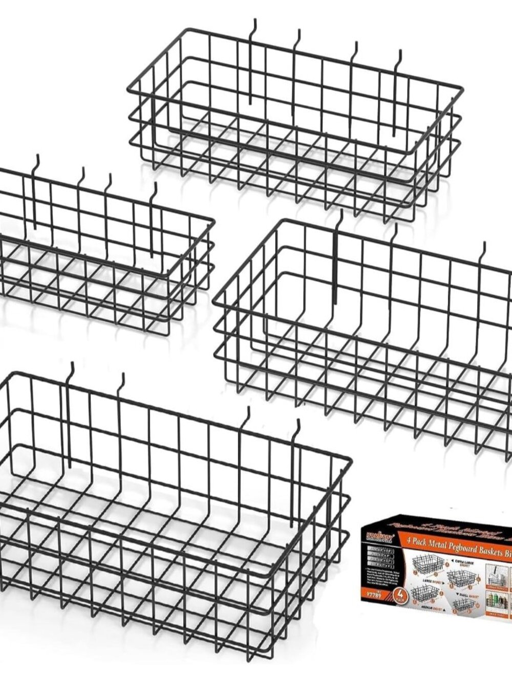 Peg Board Bins and Baskets | 4 Pack | Square Style 4 Size Pegboard Baskets and P